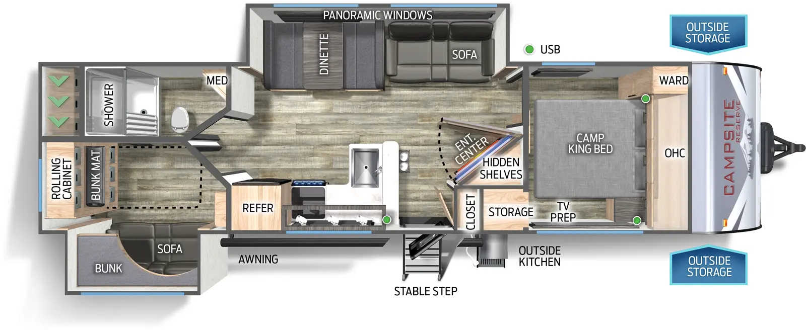 The Campsite Reserve 27MR floorplan has one entry and two slide outs. Exterior features include: metal exterior and outside kitchen. Interiors features include: bunk beds and front bedroom.